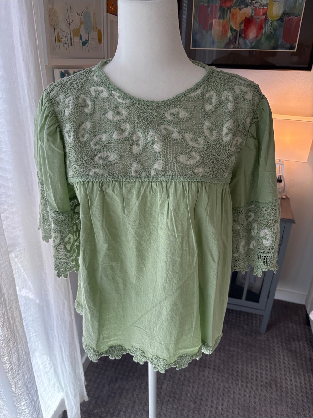 Light Sage Lace-Yoke Women’s Peasant Tunic
